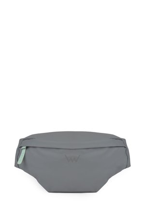 Gray waist bag made of textured material, featuring a zippered pocket and a mint green accent zipper. Embossed logo on the front.