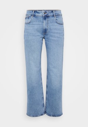 Blue denim jeans with a high-rise waist, wide-leg cut, five pockets, and a smooth texture. Features stitching and a metal button closure.