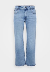 Gai zili platās kājas džinsi, izgatavoti no denima, ar piecām kabatām, priekšējo rāvējslēdzēju un pogu aizdari. Smalki šuvumi gar šuvēm.