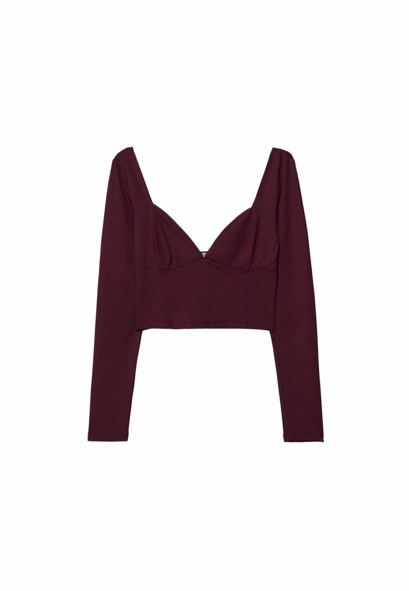 Top corto a maniche lunghe color bordeaux con scollatura a V profonda e coppe strutturate. Realizzato in un tessuto morbido ed elastico per comfort e vestibilità.