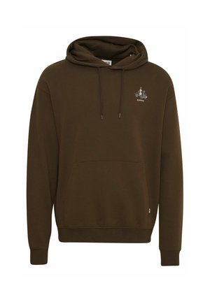 Haut à capuche marron en mélange de coton, doté d'une poche avant, d'une capuche avec cordon de serrage et d'un petit design brodé sur la poitrine.