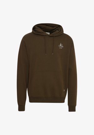 Haut à capuche marron en mélange de coton, doté d'une poche avant, d'une capuche avec cordon de serrage et d'un petit design brodé sur la poitrine.