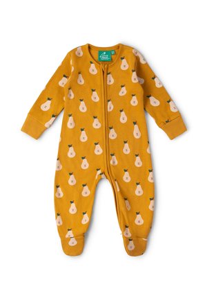 Mustard yellow baby sleepsuit with pink pear prints, long sleeves, footed legs, and a front zipper.