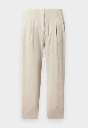 Beige kordfløyelsbukser med vertikale ribber, som har to frontfold, en skreddersydd passform og en rett benedesign.