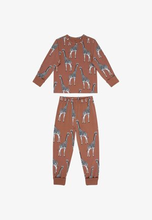 Brun børnepyjamas sæt med langærmet top og bukser, udsmykket med giraffemønstre i hvidt og sort, lavet af blødt stof.