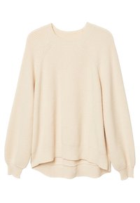 Jasno beżowy sweter z dzianiny o prążkowanej strukturze, okrągłym dekolcie i rękawach raglanowych. Posiada nieco szerszy dół oraz miękką tkaninę.