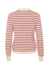 Gestreifter Pullover mit langen Ärmeln; verfügt über cremefarbene und kastanienbraune horizontale Streifen. Hergestellt aus weichem Material mit einem runden Ausschnitt und gerippten Bündchen.