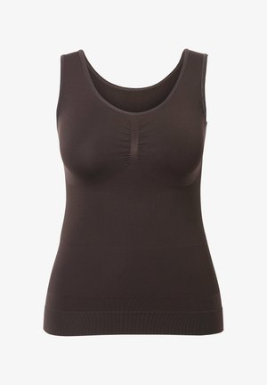 Débardeur sans manches marron foncé, sans couture, avec un devant froncé et une texture côtelée ajustée.