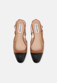 Hnědé a černé slingback boty s špičatou špičkou a otevřenými stranami, s hladkým koženým povrchem a detailem s přezkou na pásku.