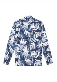 Camicia a maniche lunghe caratterizzata da uno sfondo blu scuro con motivi floreali bianchi e azzurri. Realizzata in un tessuto leggero con vestibilità comoda.