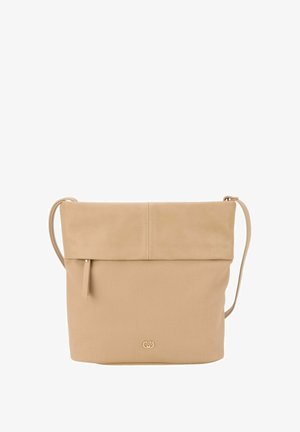 Beige läderaxelväska med texturerad yta, med vikhäng i toppen, justerbar rem och en frontficka med dragkedja. Logoprydnad på botten.