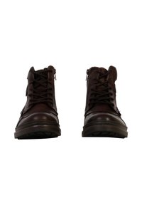 Bottes chelsea en cuir marron avec lacets et fermetures éclaires latérales, dotées d'un bout rond, d'une semelle en caoutchouc robuste et d'une surface texturée.