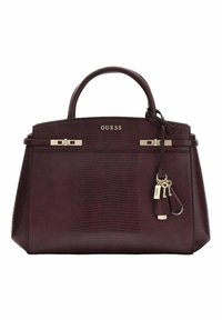 Sac à main en simili cuir bordeaux avec un motif texturé de crocodile, des accessoires dorés, des doubles poignées et un porte-clés détachable.