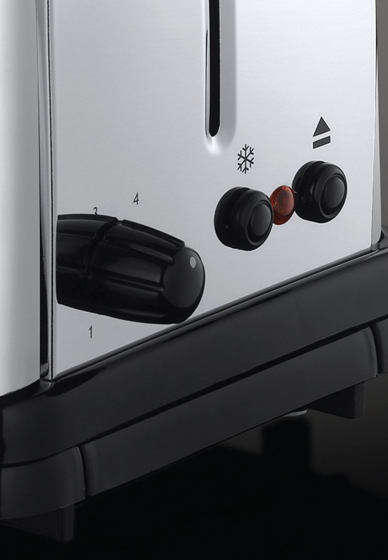 Edelstahl-Toaster mit schwarzen Akzenten, verfügt über ein Einstellrad für Bräunungsgrade von 1-4 und zwei Tasten, die durch Schneeflocken- und Dreiecksymbole gekennzeichnet sind.