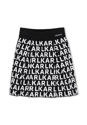 Jupe plissée noire avec une large ceinture, couverte d'un motif répétitif de texte blanc ""KARL"".