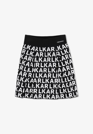 Czarna plisowana spódnica z szerokim pasem, pokryta powtarzającym się białym wzorem tekstu ""KARL"".