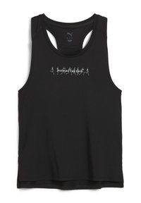 Melna sporta tank topa virsma, kas izgatavota no elpojoša auduma. Iezīmēta ar racerback dizainu un priekšējo grafiku ar skrējējiem un tekstu "PALIELINĀJOT TEMPU."