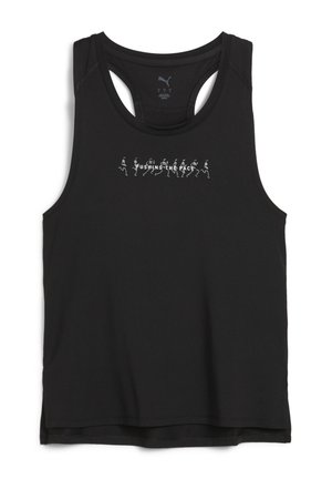 Black athletic tank top made of breathable fabric. Features racerback design and front graphic with runners and text "PUSHING THE PACE."