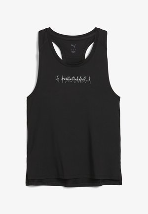 Black athletic tank top made of breathable fabric. Features racerback design and front graphic with runners and text "PUSHING THE PACE."