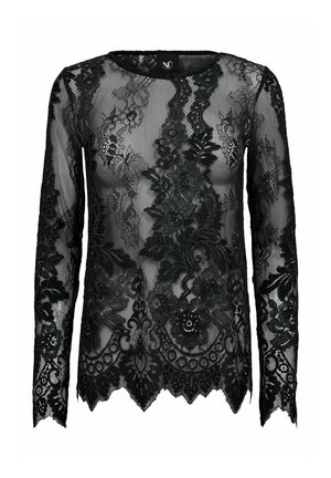 Top negru din dantelă cu mâneci lungi, model floral, tiv ondulat, textură semi-transparentă și decolteu rotund. Materialul pare delicat.