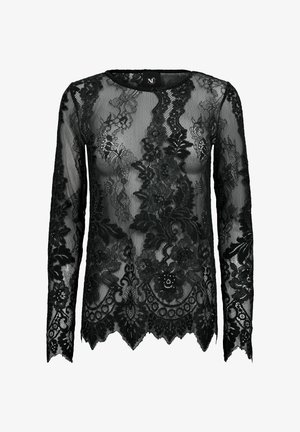 Top negru din dantelă cu mâneci lungi, model floral, tiv ondulat, textură semi-transparentă și decolteu rotund. Materialul pare delicat.