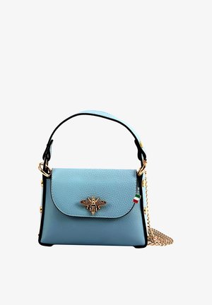 Light blue leather handbag with top handle, gold bee ornament on flap, small Italian flag charm, and gold chain strap.