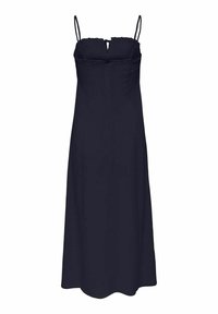 Marineblaues ärmelloses Kleid mit verstellbaren Trägern, einem gefransten Ausschnitt, einem dezenten Schlüssellochdetail und einer fließenden A-Linien-Silhouette.