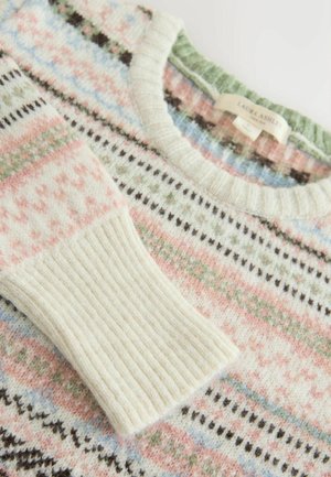 Gestrickter Pullover mit cremefarbenem Grundton und mehrfarbigen Mustern in Pink, Grün und Blau sowie gerippten Bündchen und Ausschnitt.