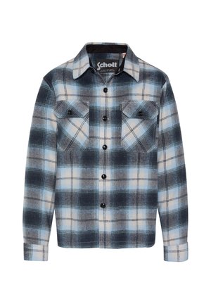 Chemise à carreaux bleue, noire et blanche à manches longues avec boutons, deux poches poitrine et col.