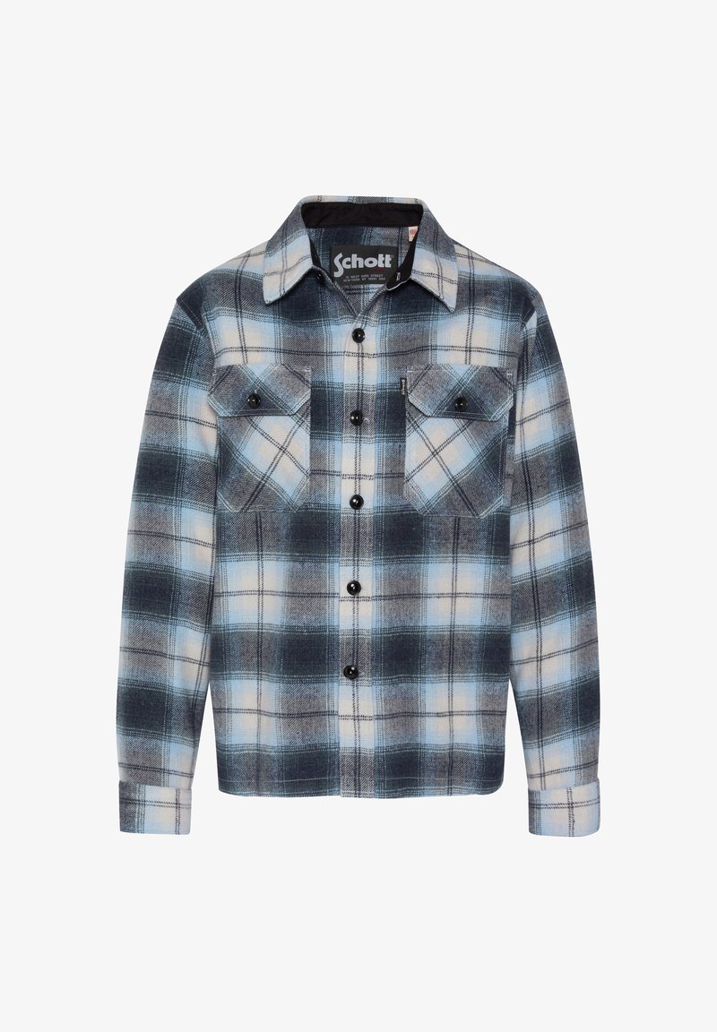 Chemise à carreaux bleue, noire et blanche à manches longues avec boutons, deux poches poitrine et col.