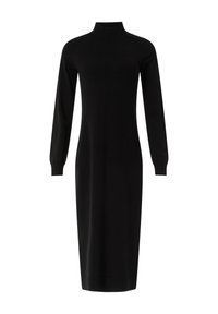 Schwarzes Strickkleid mit hohem Kragen, langen Ärmeln und figurbetonter Passform. Es hat eine Midi-Länge und eine glatte Textur, die ein elegantes Erscheinungsbild betont.