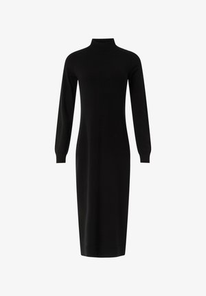Czarna dzianinowa sukienka z wysokim kołnierzem, długimi rękawami i dopasowanym krojem. Posiada długość midi i gładką fakturę, co podkreśla smukły wygląd.