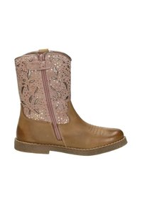 Brown leather ankle boots with a pink decorative insert featuring cut-out patterns and metallic accents, zipping on the side.