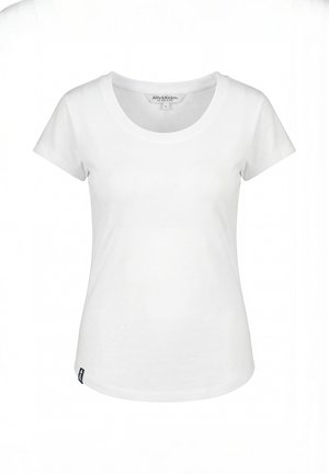 Weißes Damen-T-Shirt mit kurzen Ärmeln, rundem Ausschnitt und einem kleinen schwarzen Markenetikett nahe dem unteren Saum.