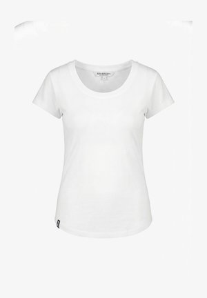 Weißes Damen-T-Shirt mit kurzen Ärmeln, rundem Ausschnitt und einem kleinen schwarzen Markenetikett nahe dem unteren Saum.