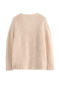 Maglione beige chiaro con una vestibilità ampia, scollo e orlo a coste, texture in maglia e maniche lunghe. La vista posteriore mostra un materiale morbido e peloso.