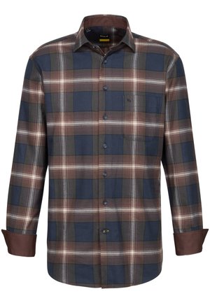 Chemise à carreaux en marine, marron, vert et blanc. Présente des boutons et une poche poitrine. Fabriquée en tissu tissé avec un col classique.