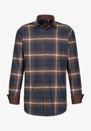 Camicia a quadri nei colori blu navy, marrone, verde e bianco. Presenta bottoni e una tasca sul petto. Realizzata in tessuto a trama con colletto classico.