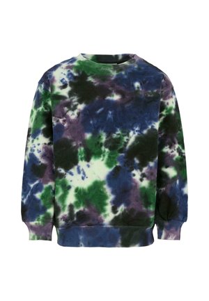 Sweter tie-dye w kolorach fioletowym, niebieskim i zielonym. Regularny krój z długimi rękawami i ściągaczami. Gładka tekstura i okrągły dekolt.