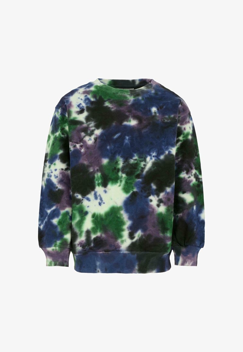 Felpa tie-dye in colori viola, blu e verde. Vestibilità regolare con maniche lunghe e polsini a coste. Texture liscia e scollo rotondo.