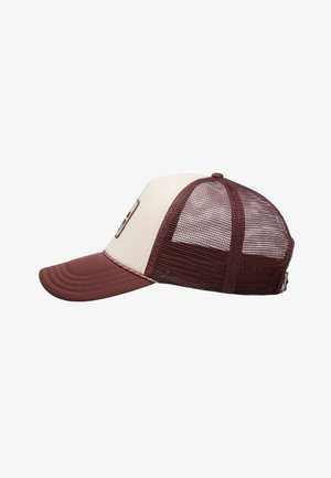 Lippalakissa on viininpunainen etulippa ja verkkomateriaalia takana. Vartalo on kermaan sävyinen ommellulla kuviolla. Takana säädettävä snapback-suljin.