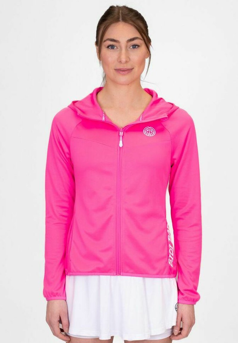 Felpa rosa brillante con zip realizzata in tessuto leggero, design aderente, maniche lunghe e cerniera frontale. Logo sulla parte superiore sinistra del petto.