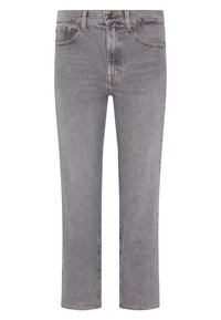 Vaqueros de denim gris claro con corte recto, que presentan un diseño de cinco bolsillos y un cierre de botón en la cintura.