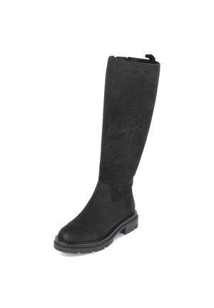 Schwarzer kniehoher Stiefel mit klobiger Sohle, runder Zehenpartie und seitlichem Reißverschluss, aus glattem mattem Material.