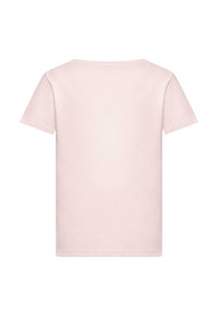 Lys pink bomulds t-shirt med korte ærmer, rund halsudskæring og en enkel, glat tekstur. Ingen synlige mønstre eller udsmykninger.