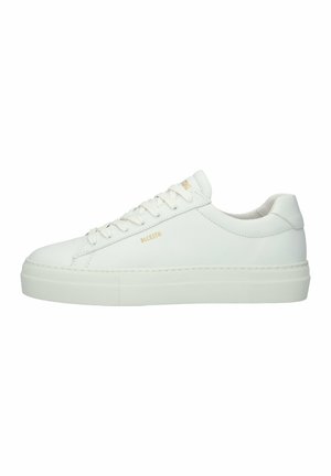 White leather sneakers with a smooth texture, rounded toe, flat sole, and minimalistic design. Features round laces and subtle branding.