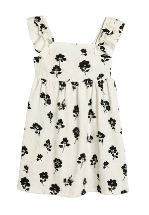 Weißes ärmelloses Kleid mit schwarzem Blumenmuster, Rüschenträgern, strukturiertem Stoff und A-Linien-Silhouette. Verfügt über ein gerafftes Taillendesign.