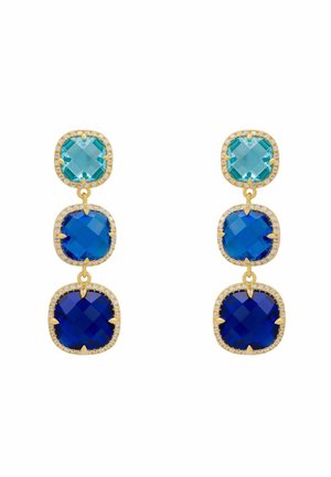 Gold-tone drop earrings featuring four square-cut stones in light blue, dark blue, and navy, surrounded by rhinestone accents.