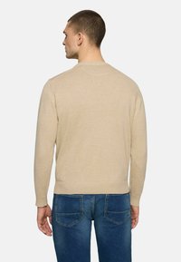 Beige Rundhalspullover mit langen Ärmeln und geripptem Saum, aus einem weichen Strickmaterial gefertigt. Kombiniert mit blauen Jeans.