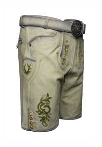 Lædershorts i lys beige med detaljeret grøn broderi. Har dekorative knapper og en sølvfarvet bæltespænde. Skræddersyet pasform.